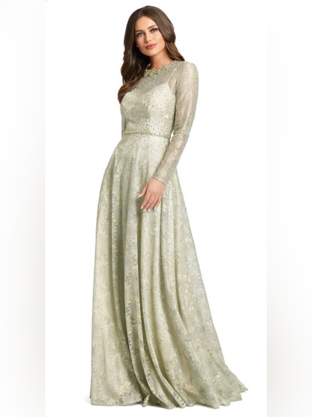 Elegant Long-Sleeve Metallic Lace Evening Gown - Sage
Style 491881
